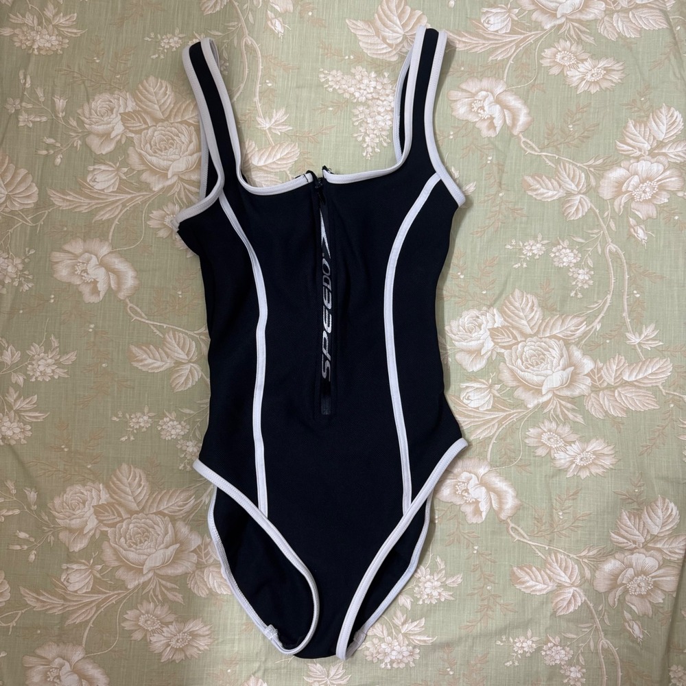 Vintage 90's Speedo Womens One Piece Swimsuit Black White Zip Front Cutout Back